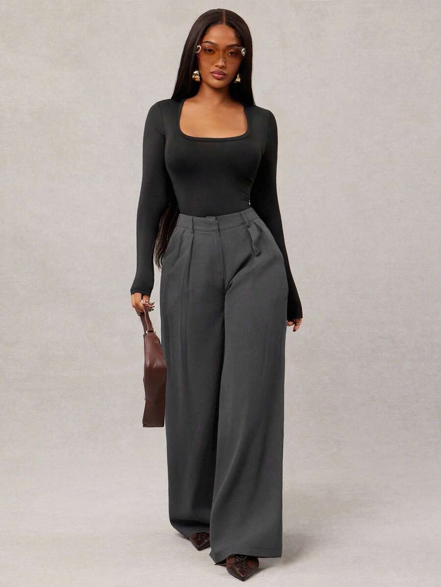 Theodora High Waist Pleated Oversized Wide Leg Suit Trousers - Grey