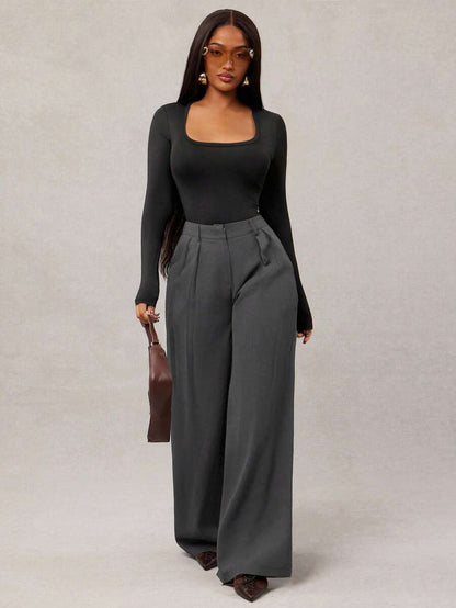 Theodora High Waist Pleated Oversized Wide Leg Suit Trousers - Grey