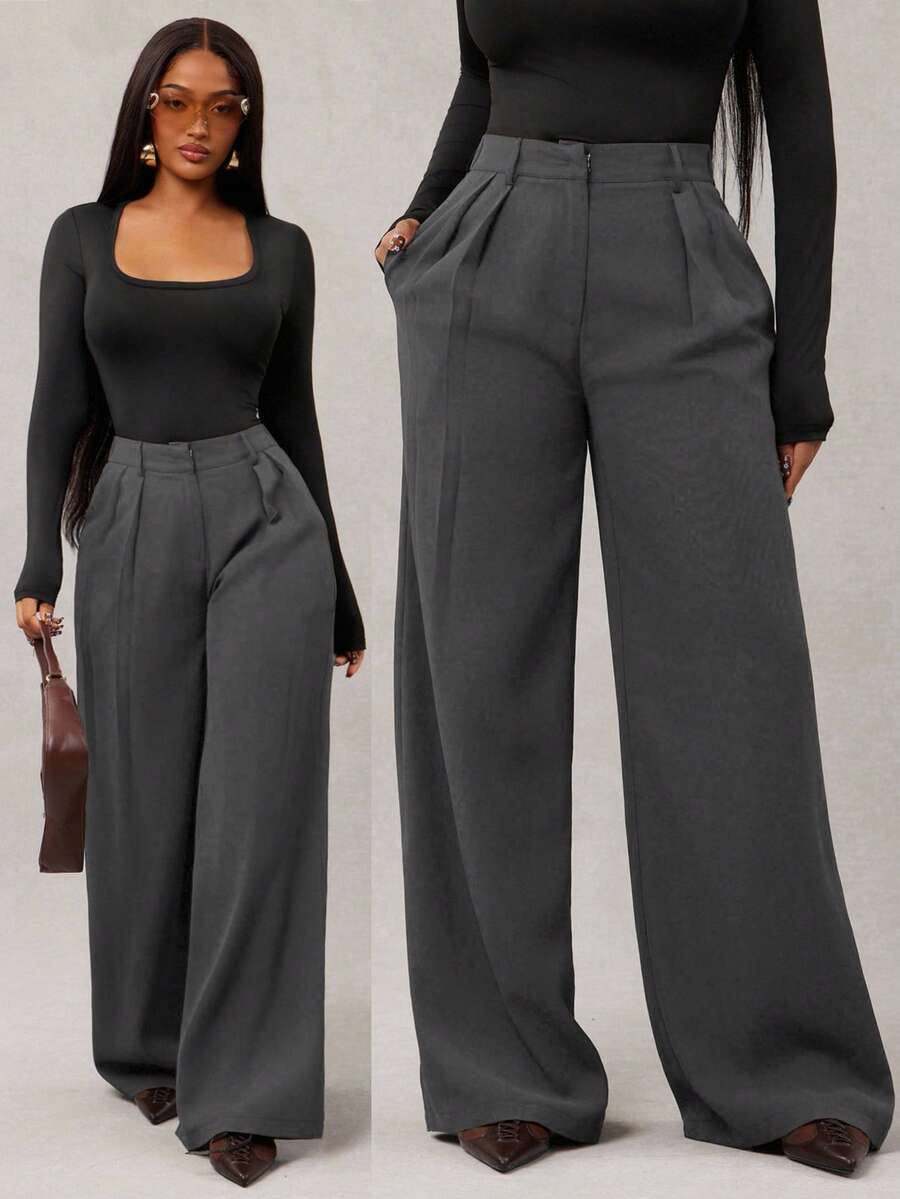 Theodora High Waist Pleated Oversized Wide Leg Suit Trousers - Grey