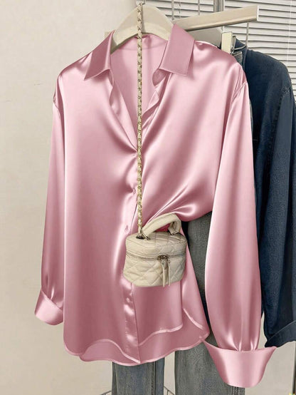 Valeria Satin Long Sleeve Button Down Collared Shirt - Pink