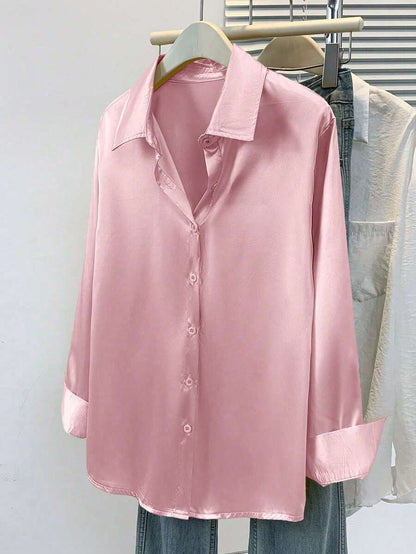 Valeria Satin Long Sleeve Button Down Collared Shirt - Pink