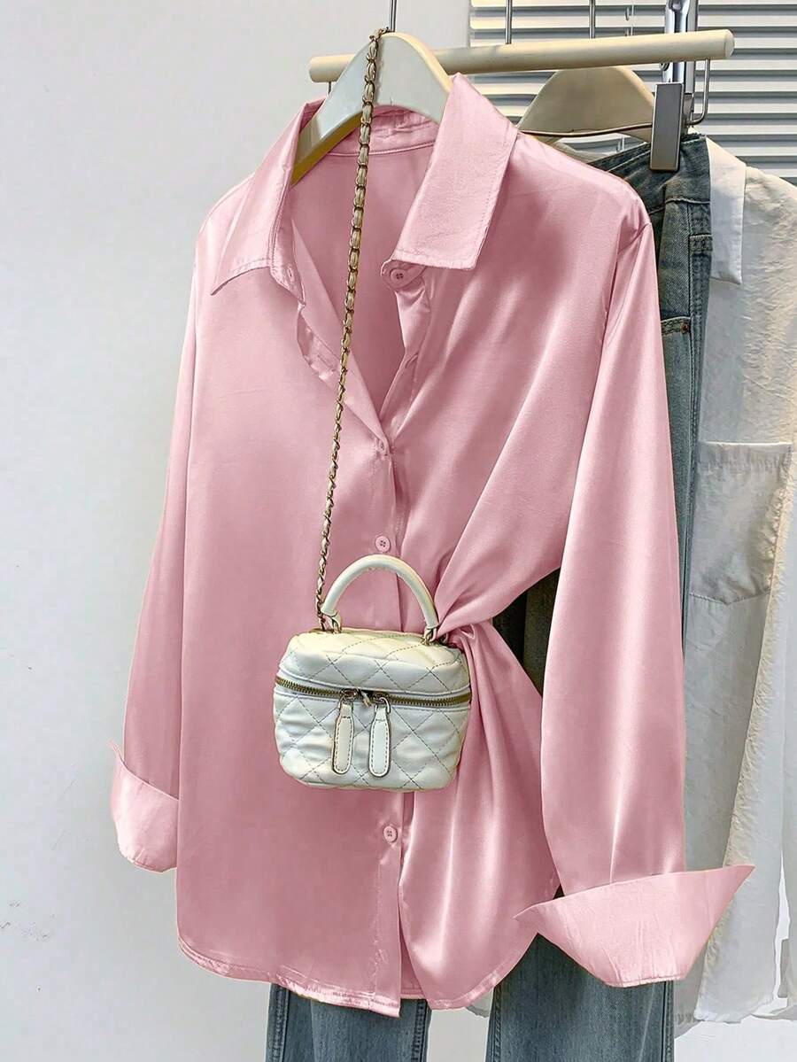 Valeria Satin Long Sleeve Button Down Collared Shirt - Pink