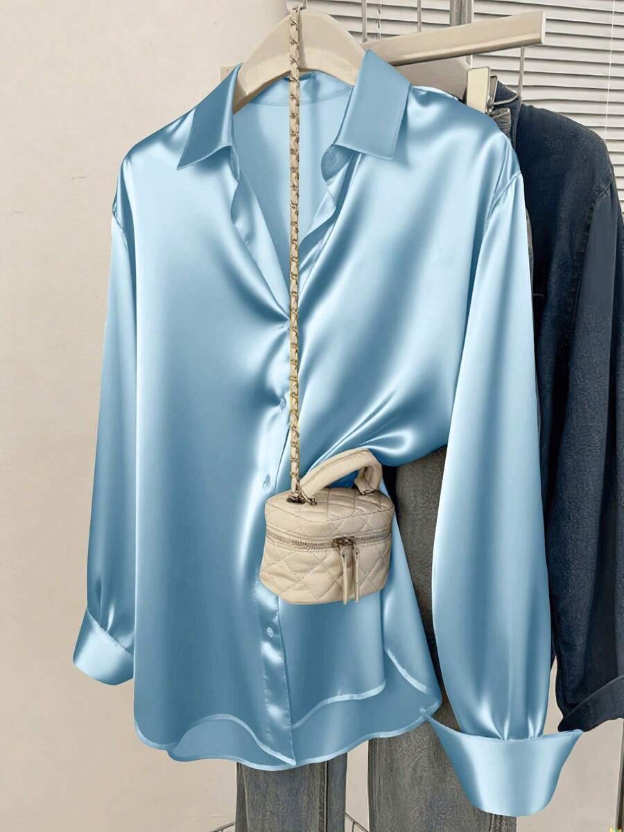 Valeria Satin Long Sleeve Button Down Collared Shirt - Sky Blue
