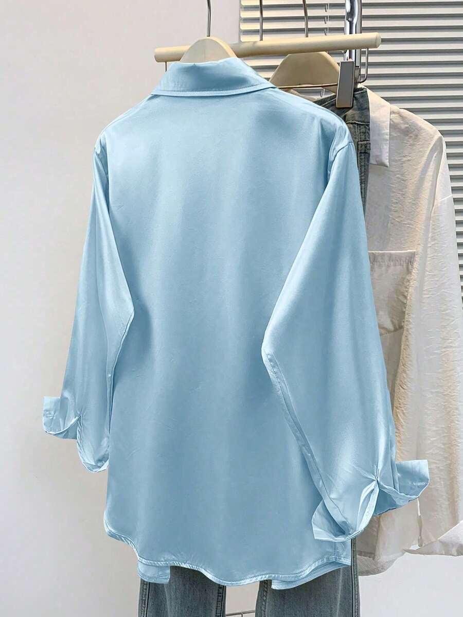 Valeria Satin Long Sleeve Button Down Collared Shirt - Sky Blue