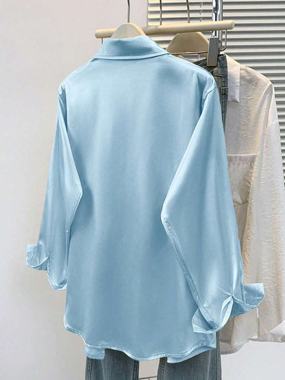 Valeria Satin Long Sleeve Button Down Collared Shirt - Sky Blue