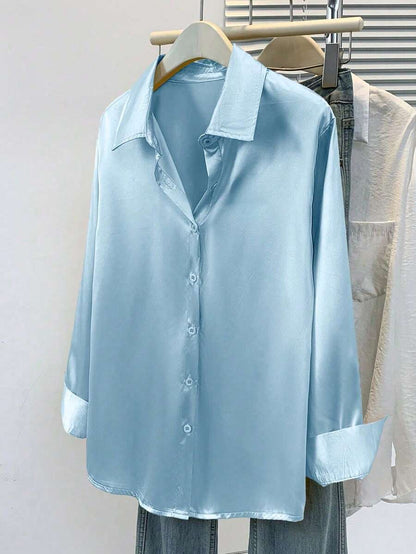 Valeria Satin Long Sleeve Button Down Collared Shirt - Sky Blue