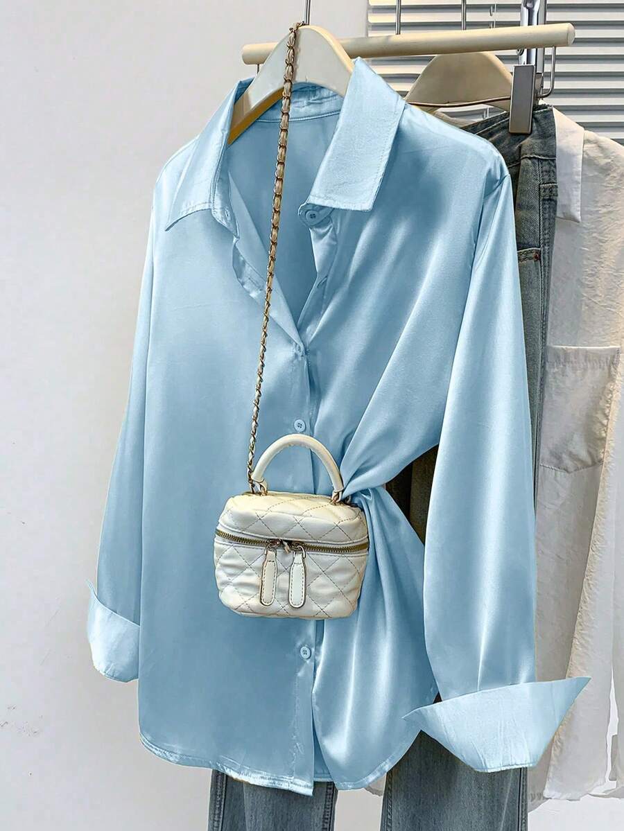 Valeria Satin Long Sleeve Button Down Collared Shirt - Sky Blue