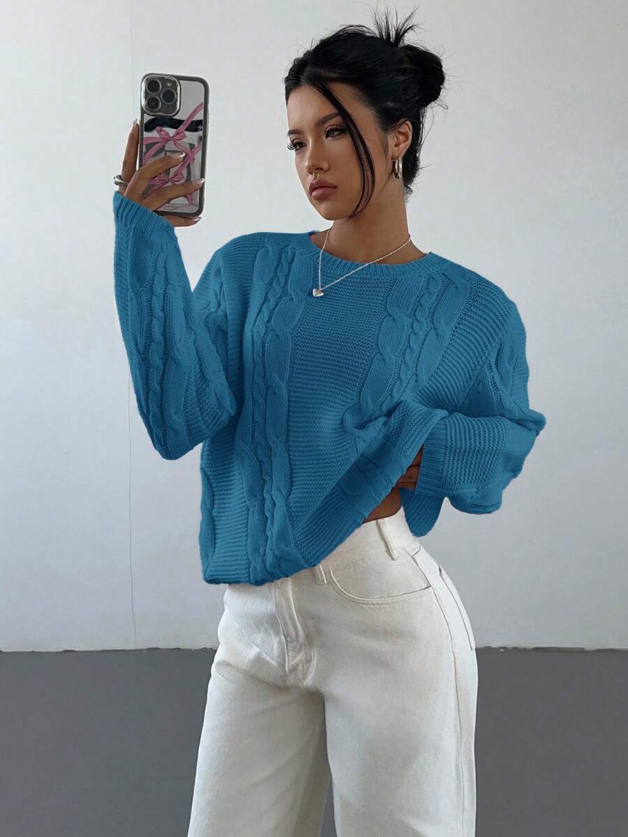 Noemi Relaxed Crew Neck Cable Knit Sweater with Drop Shoulders - Teal