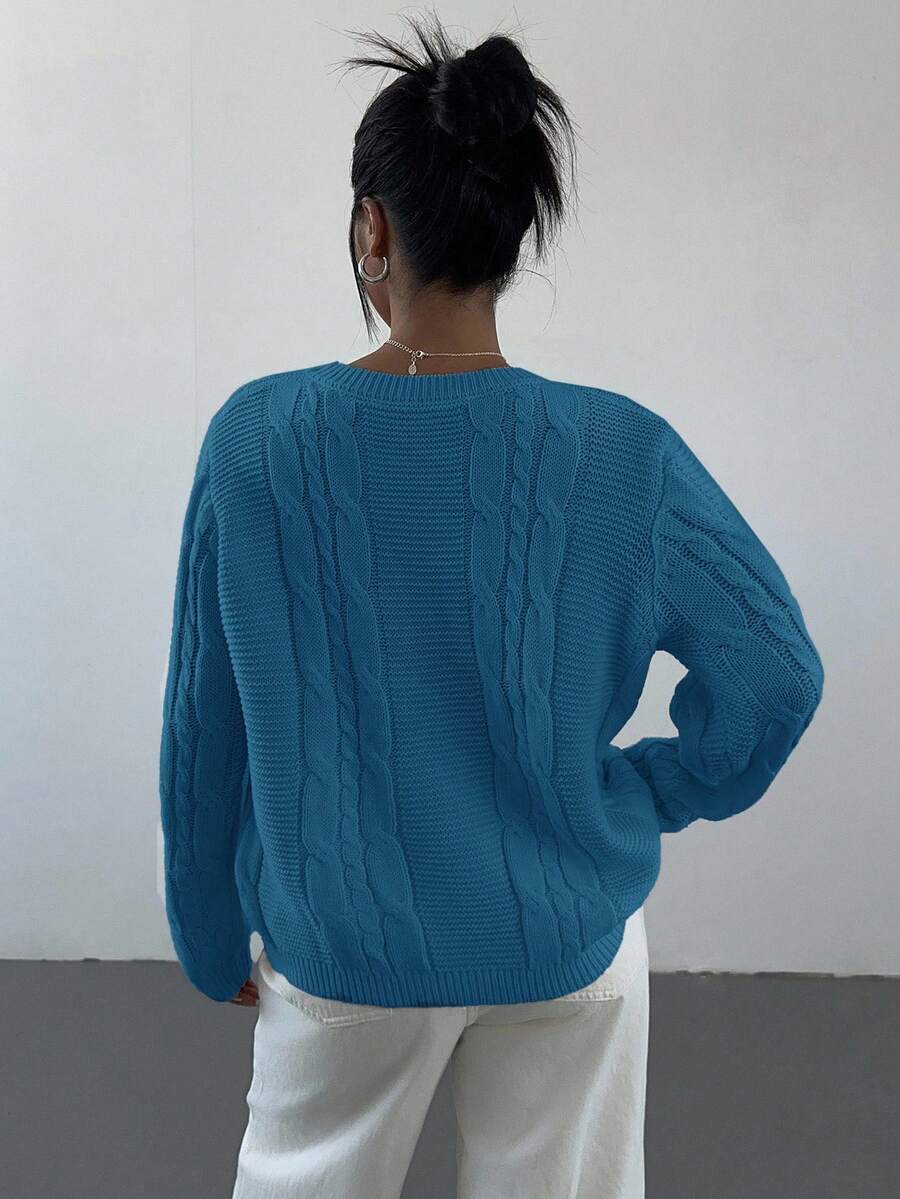 Noemi Relaxed Crew Neck Cable Knit Sweater with Drop Shoulders - Teal