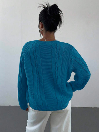 Noemi Relaxed Crew Neck Cable Knit Sweater with Drop Shoulders - Teal