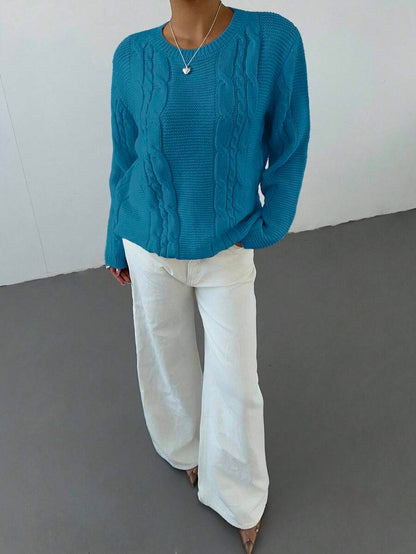 Noemi Relaxed Crew Neck Cable Knit Sweater with Drop Shoulders - Teal