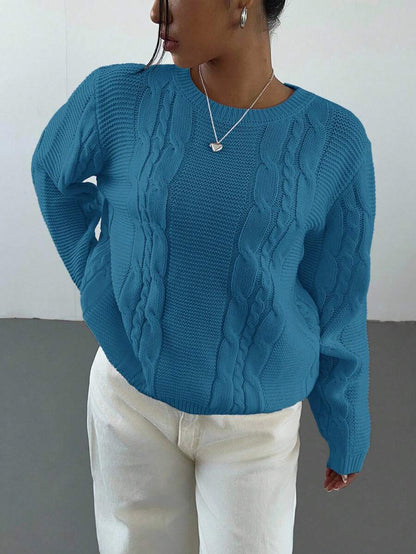 Noemi Relaxed Crew Neck Cable Knit Sweater with Drop Shoulders - Teal