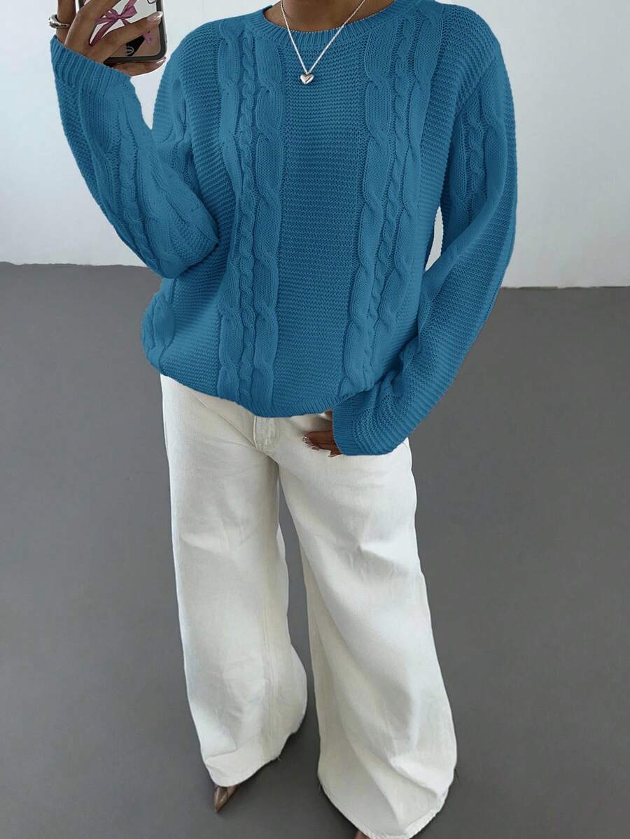 Noemi Relaxed Crew Neck Cable Knit Sweater with Drop Shoulders - Teal