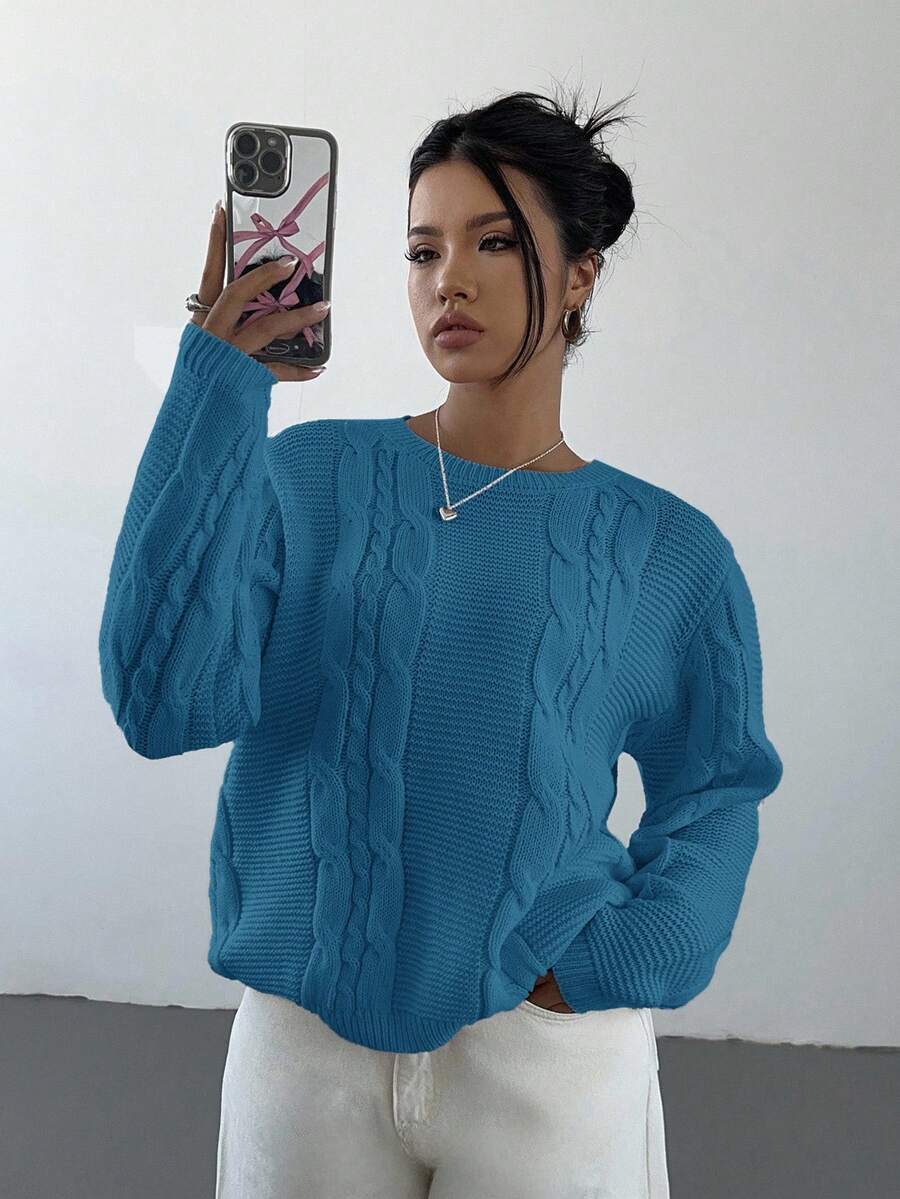Noemi Relaxed Crew Neck Cable Knit Sweater with Drop Shoulders - Teal