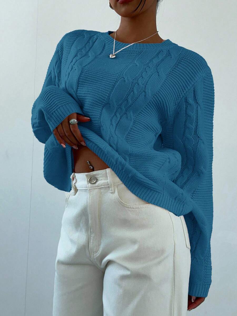 Noemi Relaxed Crew Neck Cable Knit Sweater with Drop Shoulders - Teal