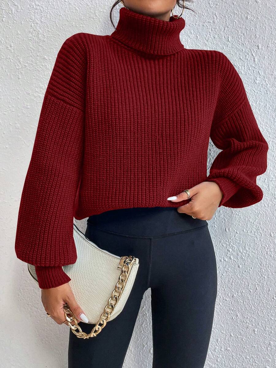 Wilhelmina Rib Knit Turtleneck Drop Shoulder Pullover Sweater - Burgundy
