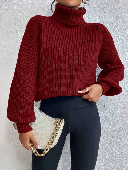 Wilhelmina Rib Knit Turtleneck Drop Shoulder Pullover Sweater - Burgundy