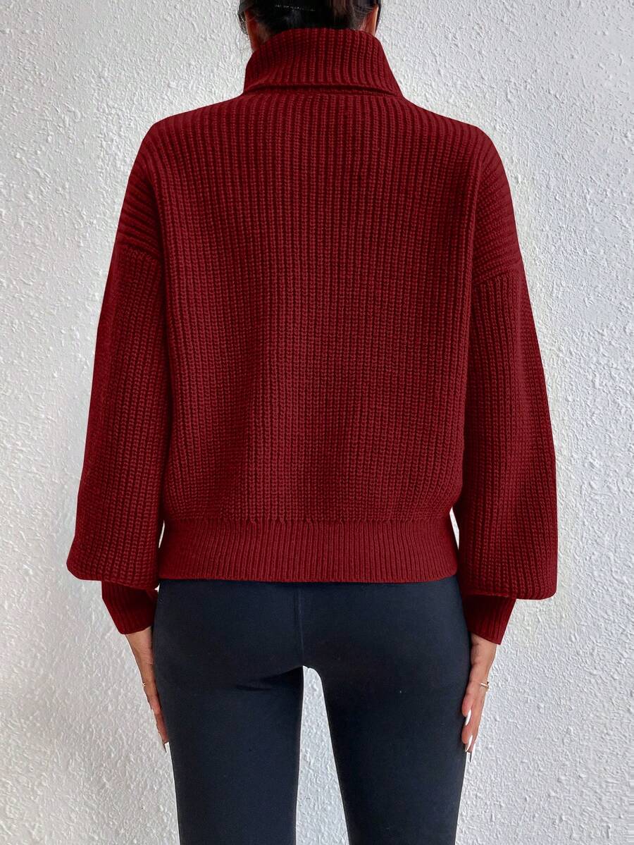 Wilhelmina Rib Knit Turtleneck Drop Shoulder Pullover Sweater - Rose Red