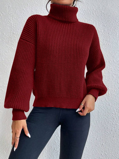 Wilhelmina Rib Knit Turtleneck Drop Shoulder Pullover Sweater - Redwood