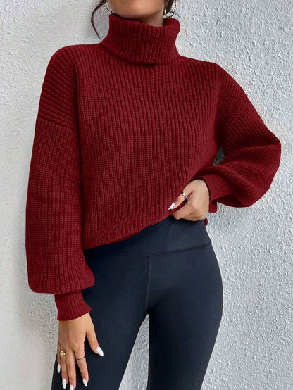 Wilhelmina Rib Knit Turtleneck Drop Shoulder Pullover Sweater - Coffee Brown