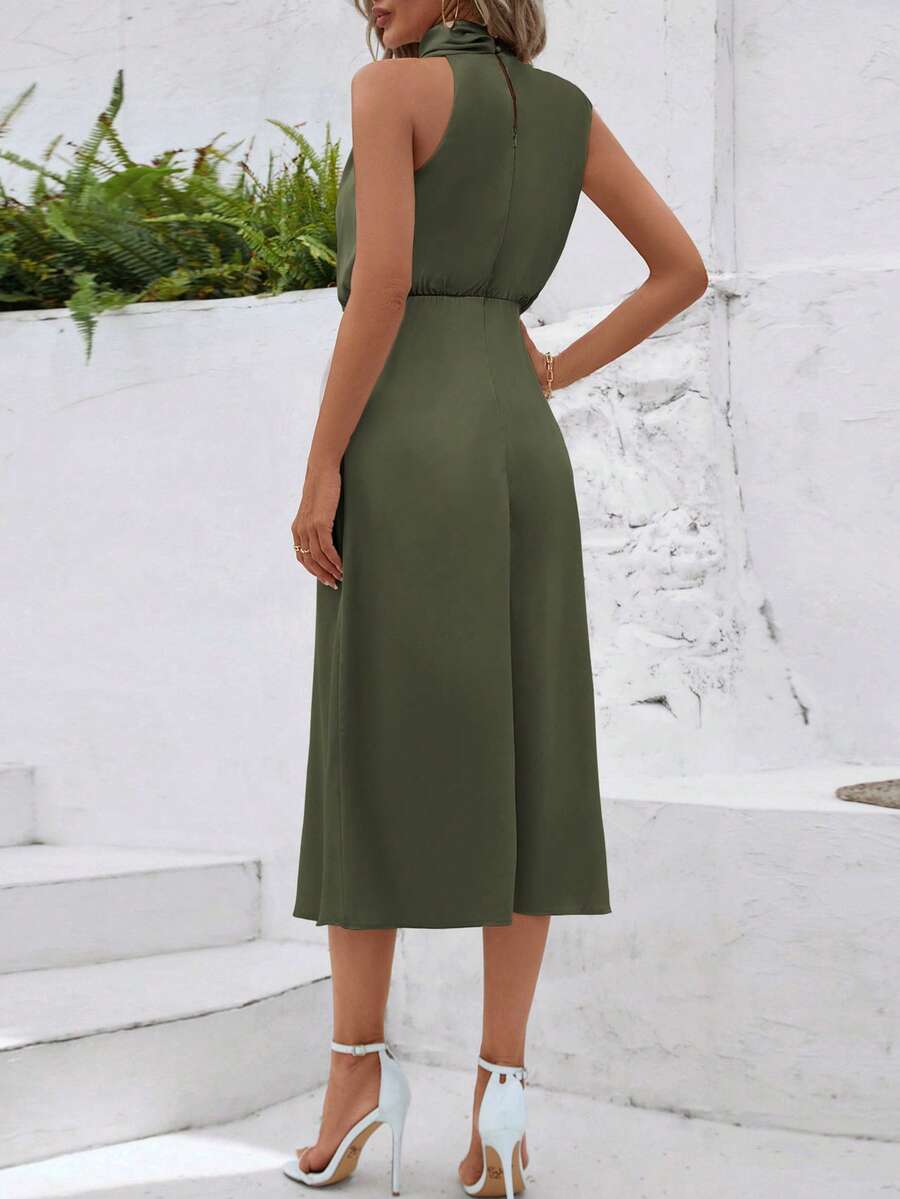 Women's Satin Cowl Neck Halter Midi Dress, Lined Silky Dress for Wedding Guest and Evening - Black