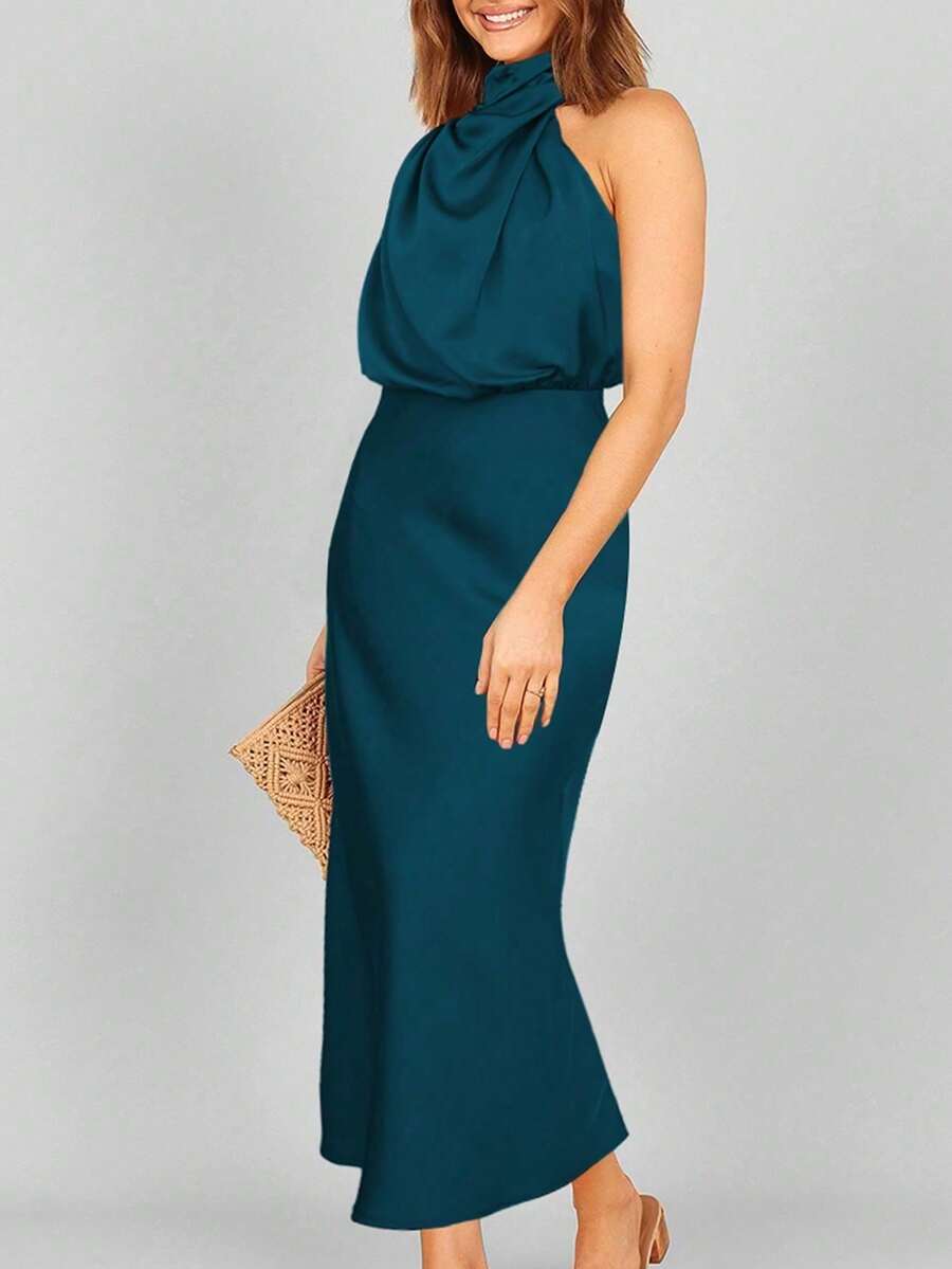Women's Satin Cowl Neck Halter Midi Dress, Lined Silky Dress for Wedding Guest and Evening - Black