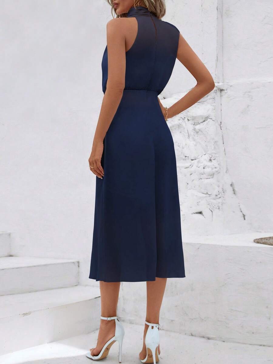Women's Satin Cowl Neck Halter Midi Dress, Lined Silky Dress for Wedding Guest and Evening - Black