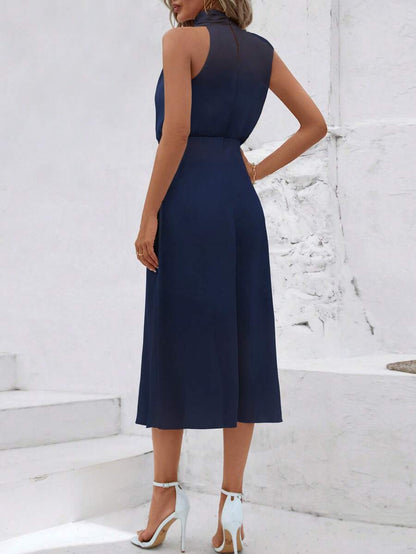 Women's Satin Cowl Neck Halter Midi Dress, Lined Silky Dress for Wedding Guest and Evening - Black