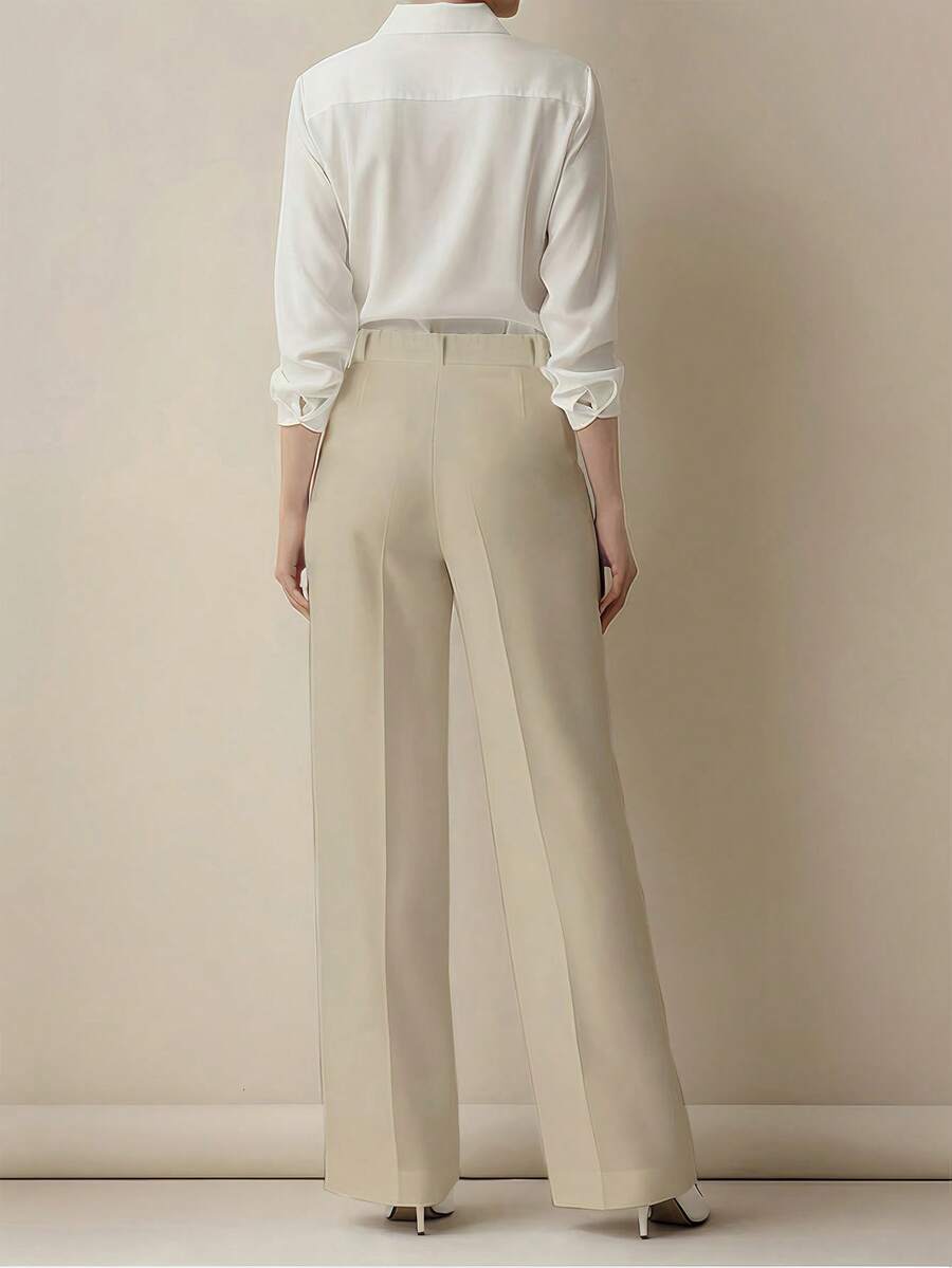 Simone High-Waist Pleated Wide-Leg Trousers with Pockets - Beige