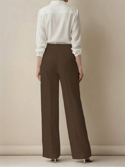 Simone High-Waist Pleated Wide-Leg Trousers with Pockets - Brown