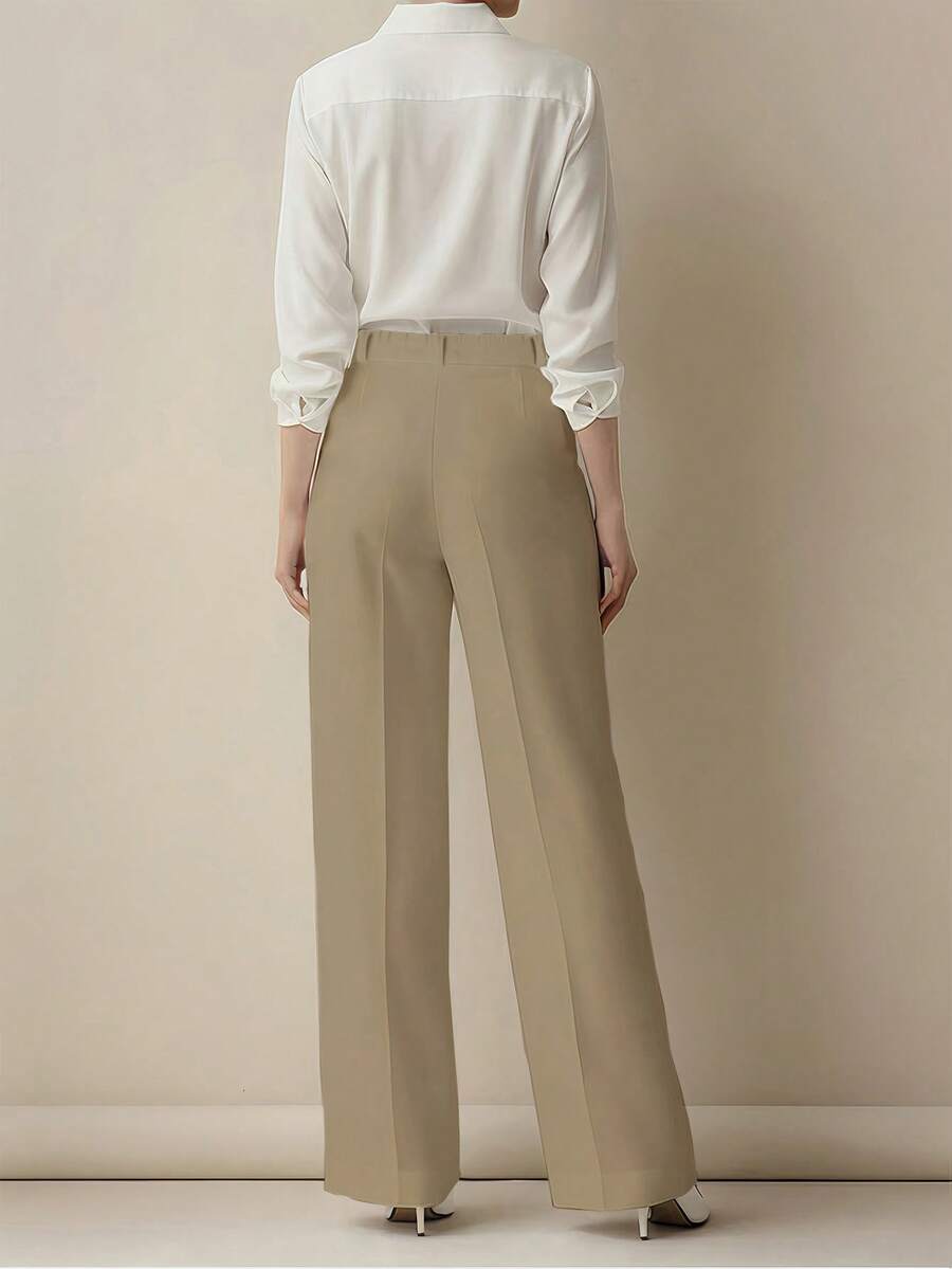 Simone High-Waist Pleated Wide-Leg Trousers with Pockets - Khaki