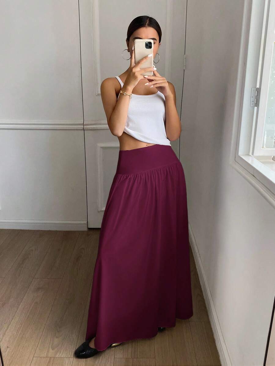Cressida High Waist Wide Waistband Pleated Maxi Skirt - Burgundy