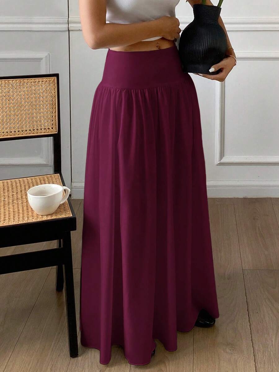 Cressida High Waist Wide Waistband Pleated Maxi Skirt - Burgundy