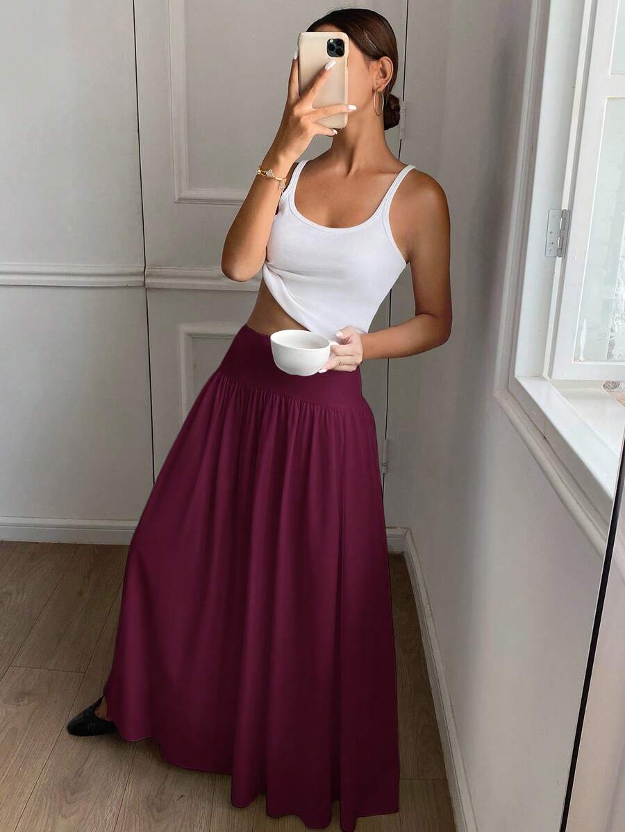 Cressida High Waist Wide Waistband Pleated Maxi Skirt - Burgundy