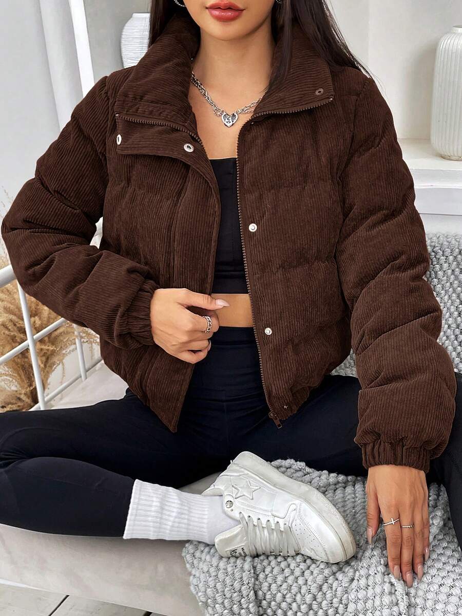 Glasgow Cropped Quilted Puffer Jacket with Funnel Neck - Coffee Brown