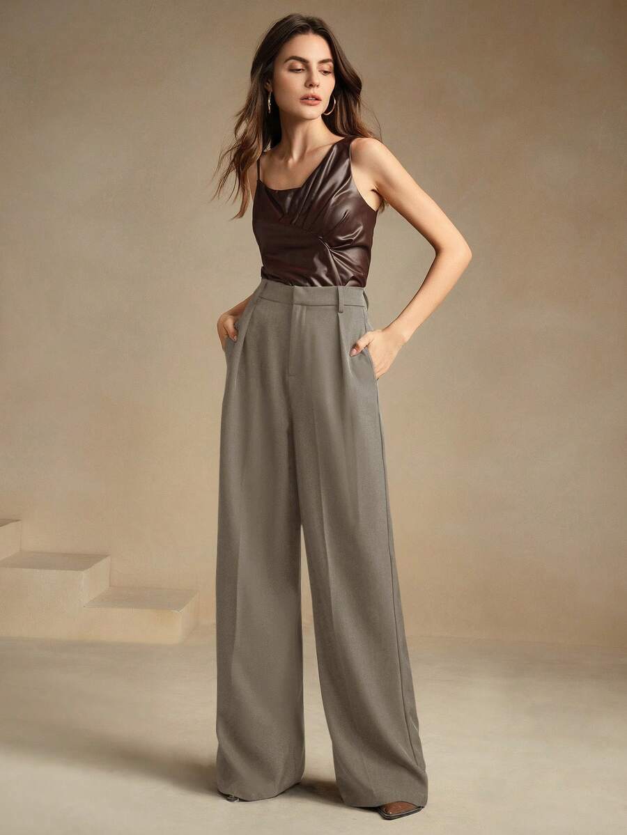 Tatiana Pleated High Waist Wide Leg Trousers with Pockets - Black