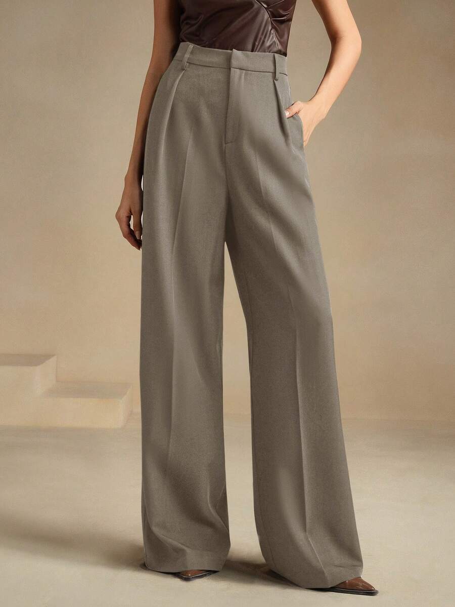 Tatiana Pleated High Waist Wide Leg Trousers with Pockets - Burgundy