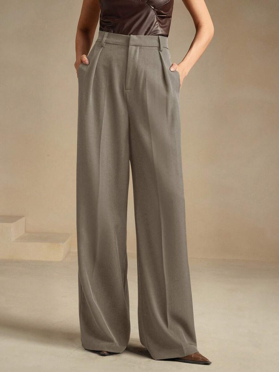 Tatiana Pleated High Waist Wide Leg Trousers with Pockets - Camel