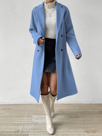 Victoria Classic Double-Breasted Longline Tailored Overcoat - Baby Blue