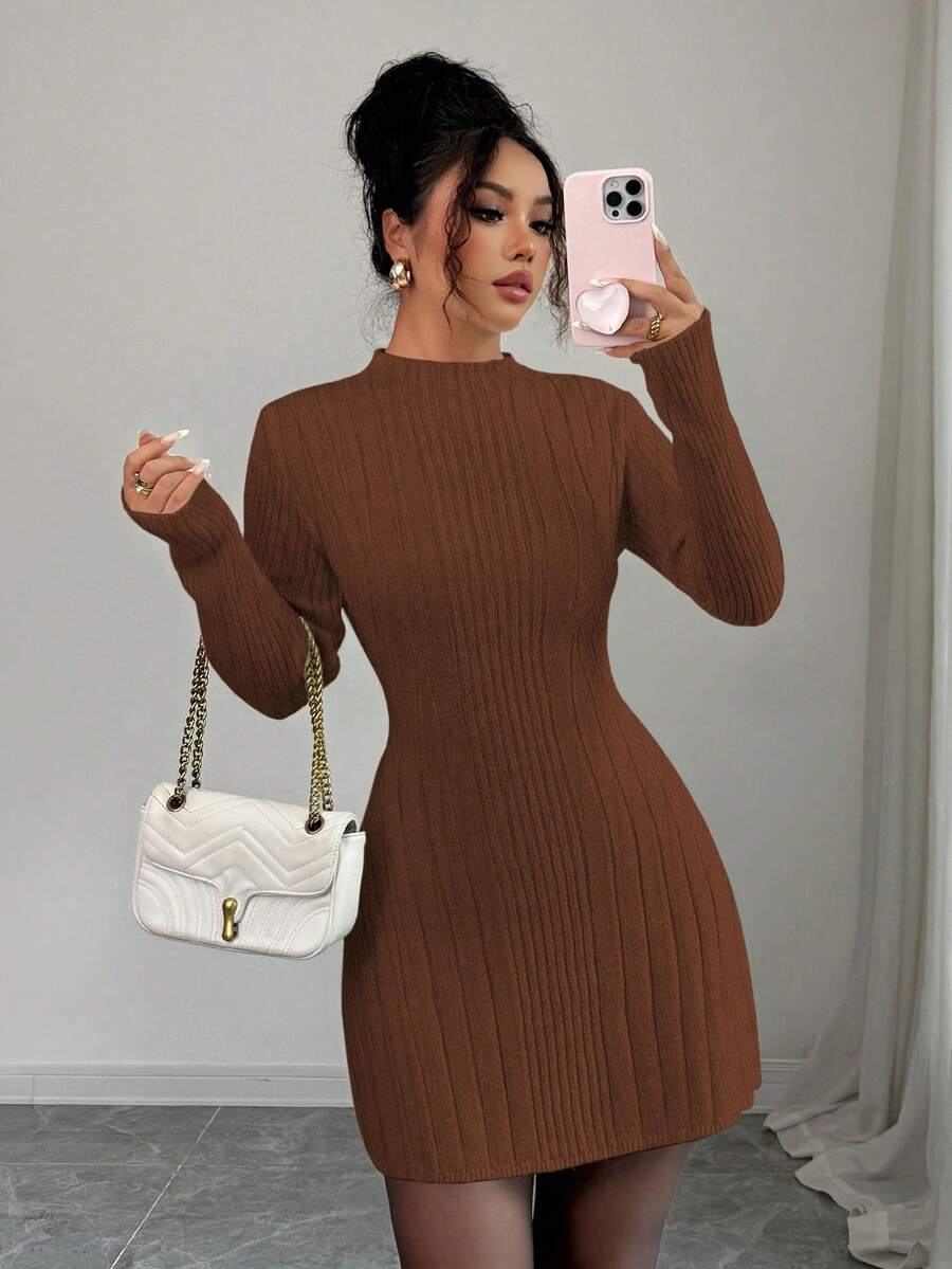 Carys Ribbed Sweater Dress with Mock Neck and Long Sleeves - Chestnut Brown
