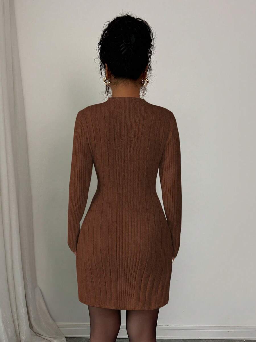 Carys Ribbed Sweater Dress with Mock Neck and Long Sleeves - Chestnut Brown