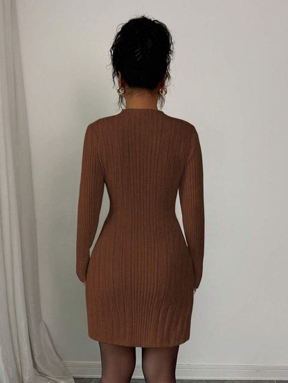 Carys Ribbed Sweater Dress with Mock Neck and Long Sleeves - Chestnut Brown