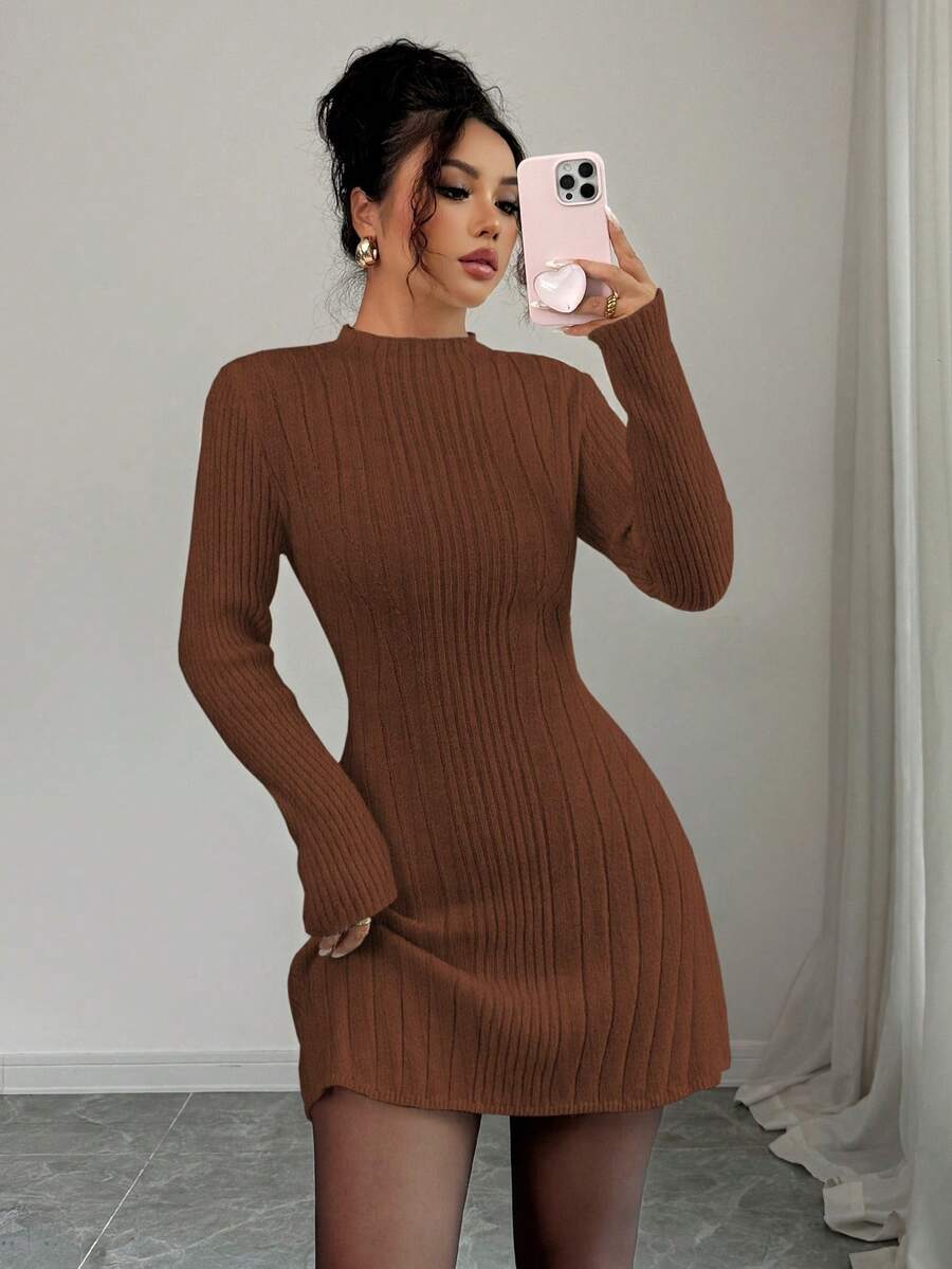 Carys Ribbed Sweater Dress with Mock Neck and Long Sleeves - Chestnut Brown