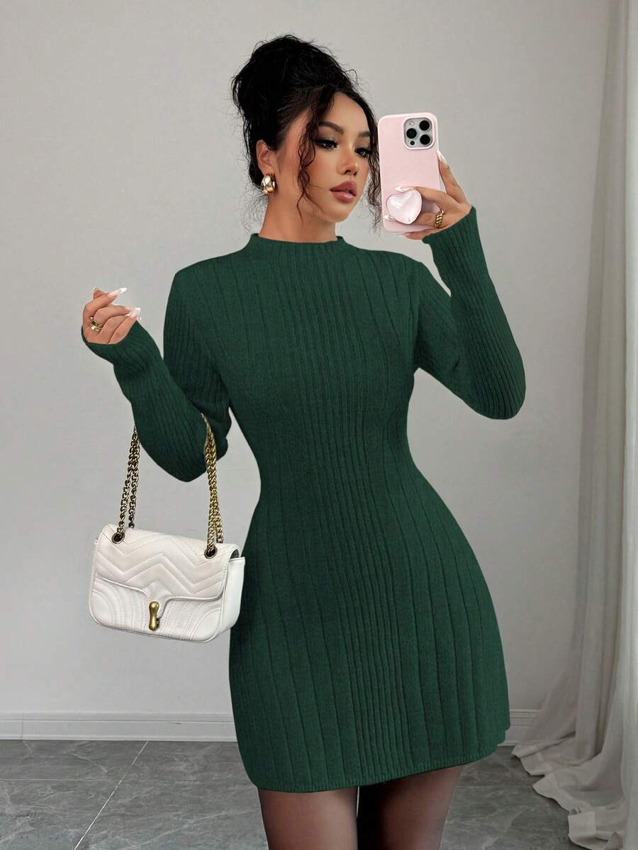 Carys Ribbed Sweater Dress with Mock Neck and Long Sleeves - Forest Green