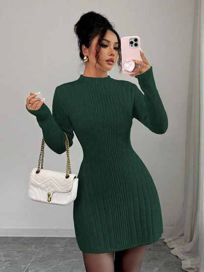Carys Ribbed Sweater Dress with Mock Neck and Long Sleeves - Forest Green
