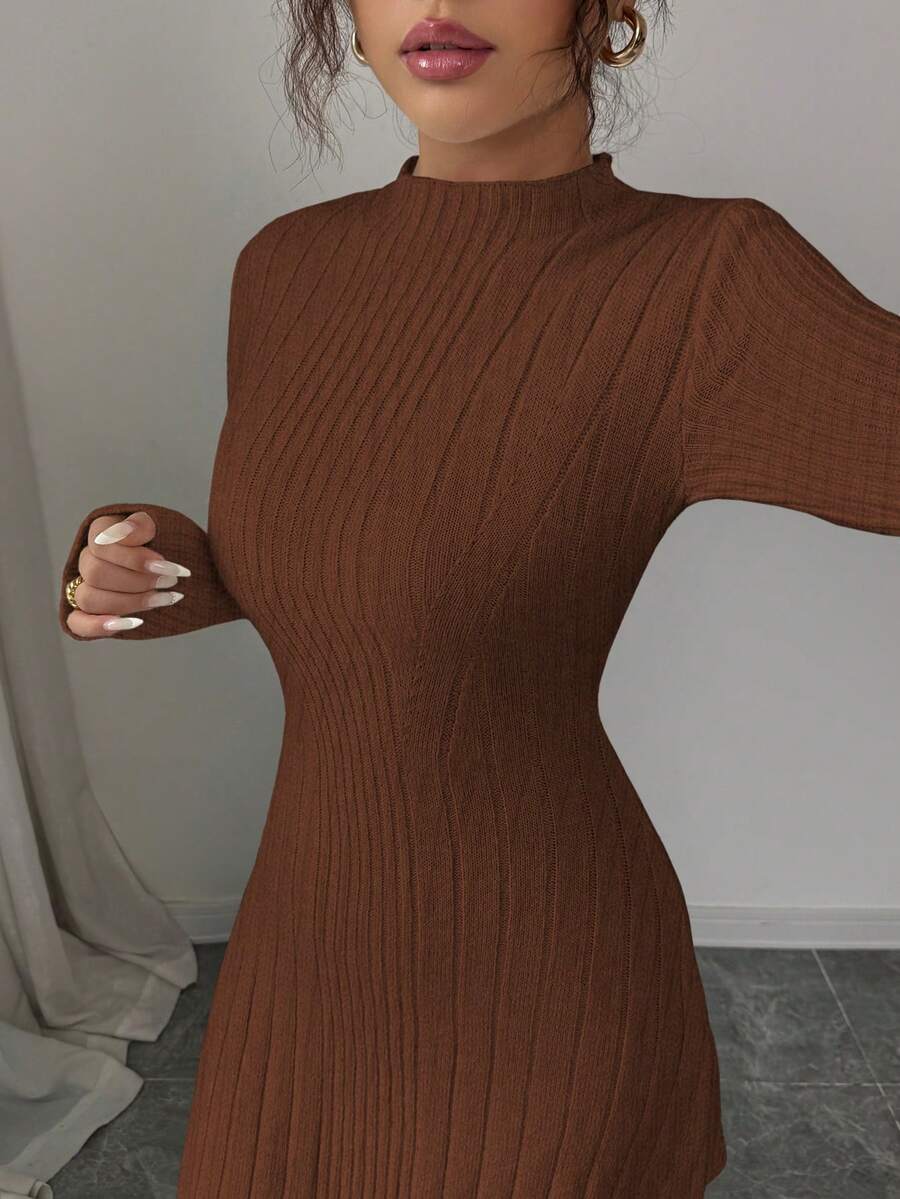 Carys Ribbed Sweater Dress with Mock Neck and Long Sleeves - Chestnut Brown