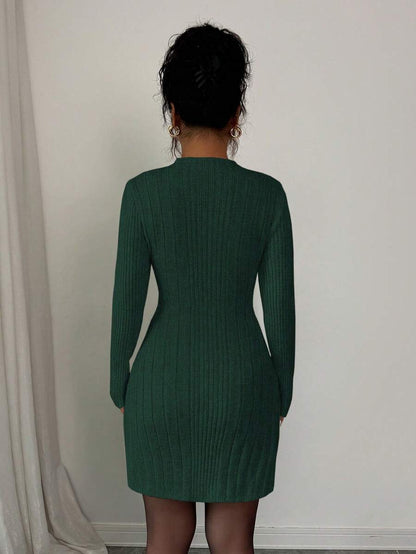 Carys Ribbed Sweater Dress with Mock Neck and Long Sleeves - Forest Green