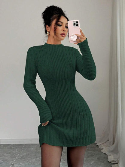 Carys Ribbed Sweater Dress with Mock Neck and Long Sleeves - Forest Green