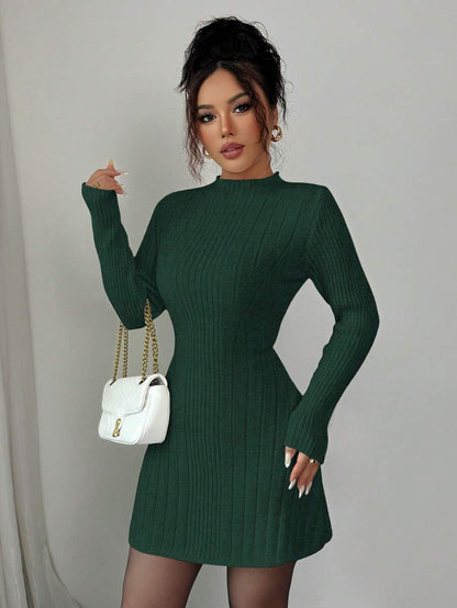 Carys Ribbed Sweater Dress with Mock Neck and Long Sleeves - Forest Green