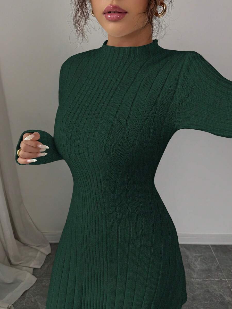 Carys Ribbed Sweater Dress with Mock Neck and Long Sleeves - Forest Green